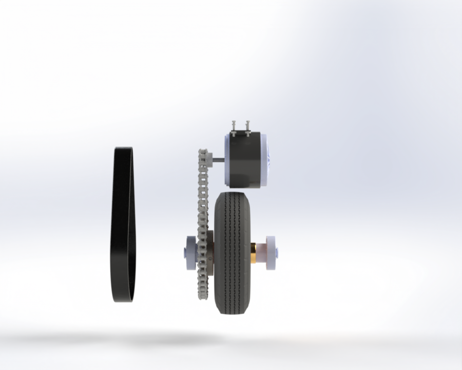 Exploded view of wheel, chain drive, and motor